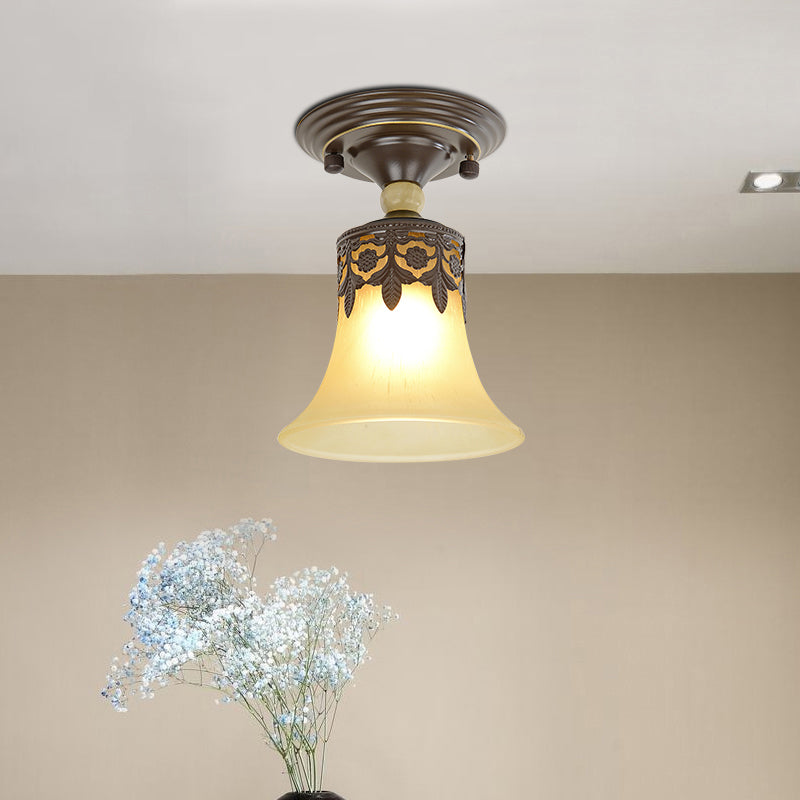 Single Trumpet Flare Flush Ceiling Light Countryside Beige Frosted Glass Semi Mount Lighting for Foyer Beige Clearhalo 'Ceiling Lights' 'Close To Ceiling Lights' 'Close to ceiling' 'Semi-flushmount' Lighting' 2311589