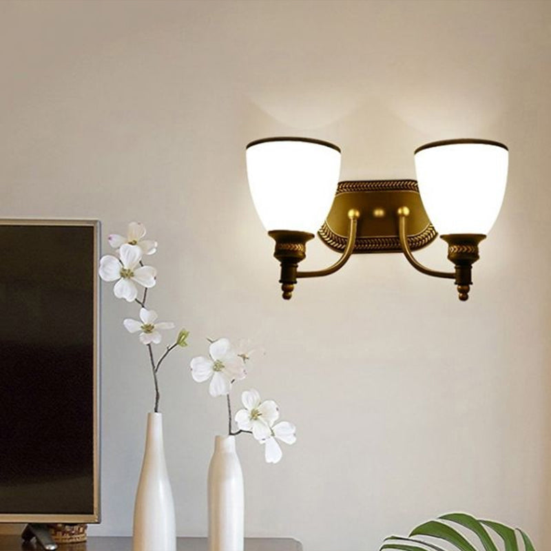 Vintage Bell Shaped Wall Light 2 Heads Opaline Glass Sconce Lighting in Brown for Corridor Brown Clearhalo 'Wall Lamps & Sconces' 'Wall Lights' Lighting' 2311605