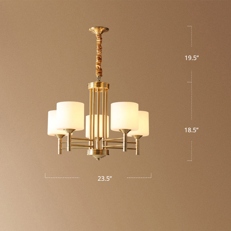 Brass Cylindrical Pendant Lighting Traditional White Glass Living Room Chandelier Lamp 5 Brass Clearhalo 'Ceiling Lights' 'Chandeliers' Lighting' options 2311679_35f70212-3990-4487-a3b9-24bd936d6349