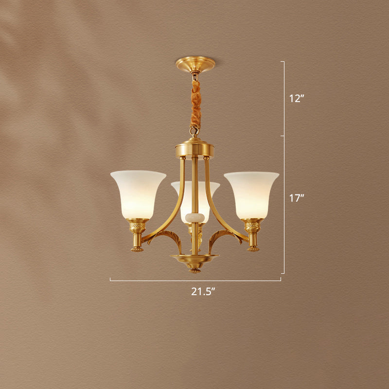 Flare Up Chandelier Traditional Frosted White Glass Hanging Light Fixture for Living Room 3 Brass Clearhalo 'Ceiling Lights' 'Chandeliers' Lighting' options 2311704_9ed5578b-b126-411d-842b-4887f4aaffc8