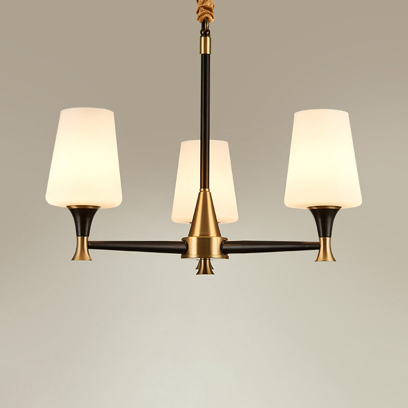 Conical White Glass Chandelier Light Traditional Bedroom Ceiling Suspension Lamp in Black 3 White Clearhalo 'Ceiling Lights' 'Chandeliers' Lighting' options 2311760_e09c380e-4106-4a65-8b3e-dcfa7f51f715