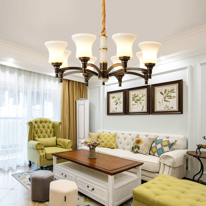 Traditional Flare Chandelier Lighting Fixture Opal Frosted Glass Pendant Lamp for Bedroom Black Clearhalo 'Ceiling Lights' 'Chandeliers' Lighting' options 2311774_b231fb7f-6ba3-44b7-a41b-a7df638dc287