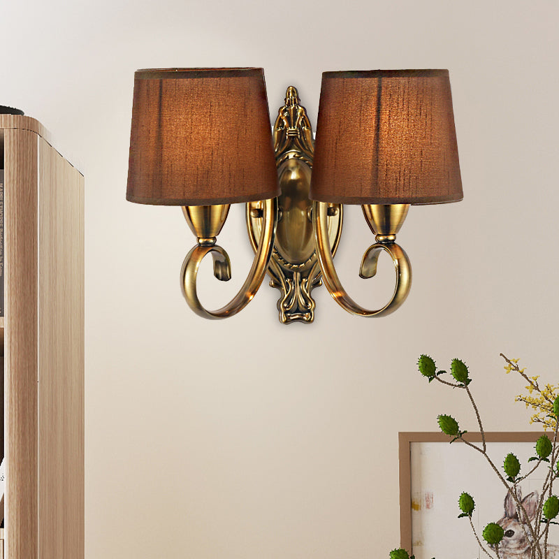 Traditional Tapered Wall Mount Lamp 1/2-Light Metal Sconce Light with Fabric Shade in Coffee for Living Room 2.0 Coffee Clearhalo 'Wall Lamps & Sconces' 'Wall Lights' Lighting' 231342