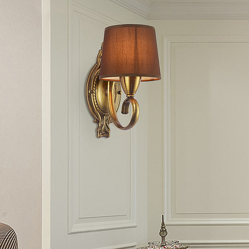 Traditional Tapered Wall Mount Lamp 1/2-Light Metal Sconce Light with Fabric Shade in Coffee for Living Room 1.0 Coffee Clearhalo 'Wall Lamps & Sconces' 'Wall Lights' Lighting' 231347