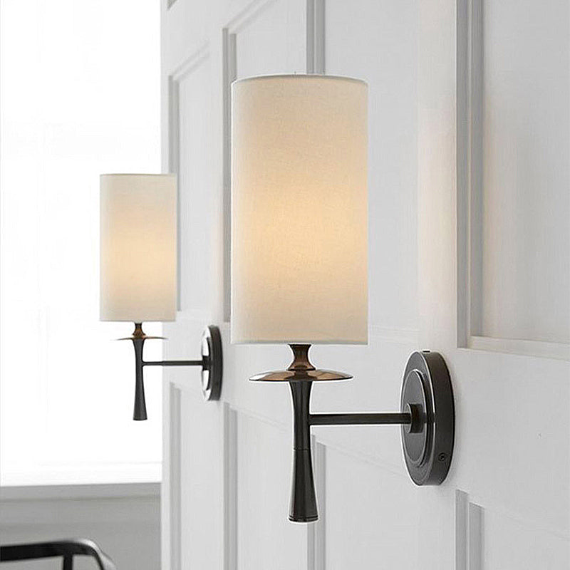 Black/Brass 1 Head Wall Mount Light Traditional Fabric Cylinder Shade Sconce Light for Living Room Black Clearhalo 'Wall Lamps & Sconces' 'Wall Lights' Lighting' 231503