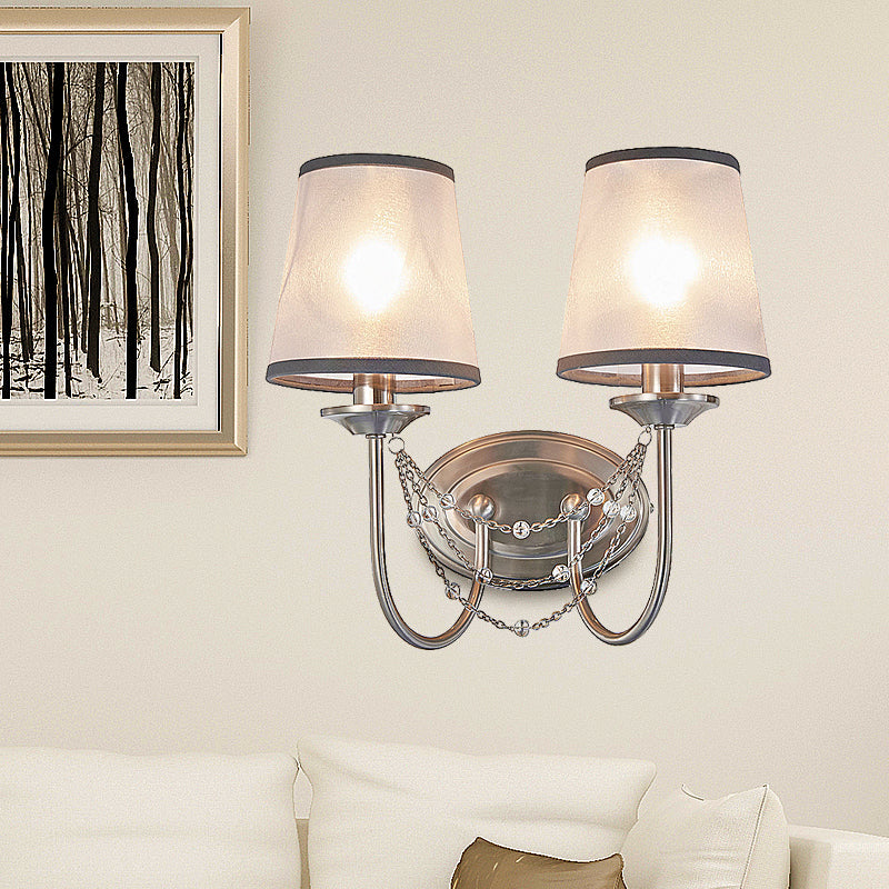 1/2-Head Wall Mount Lamp Retro Living Room Sconce Light with Tapered Fabric Shade in Silver Clearhalo 'Wall Lamps & Sconces' 'Wall Lights' Lighting' 231590