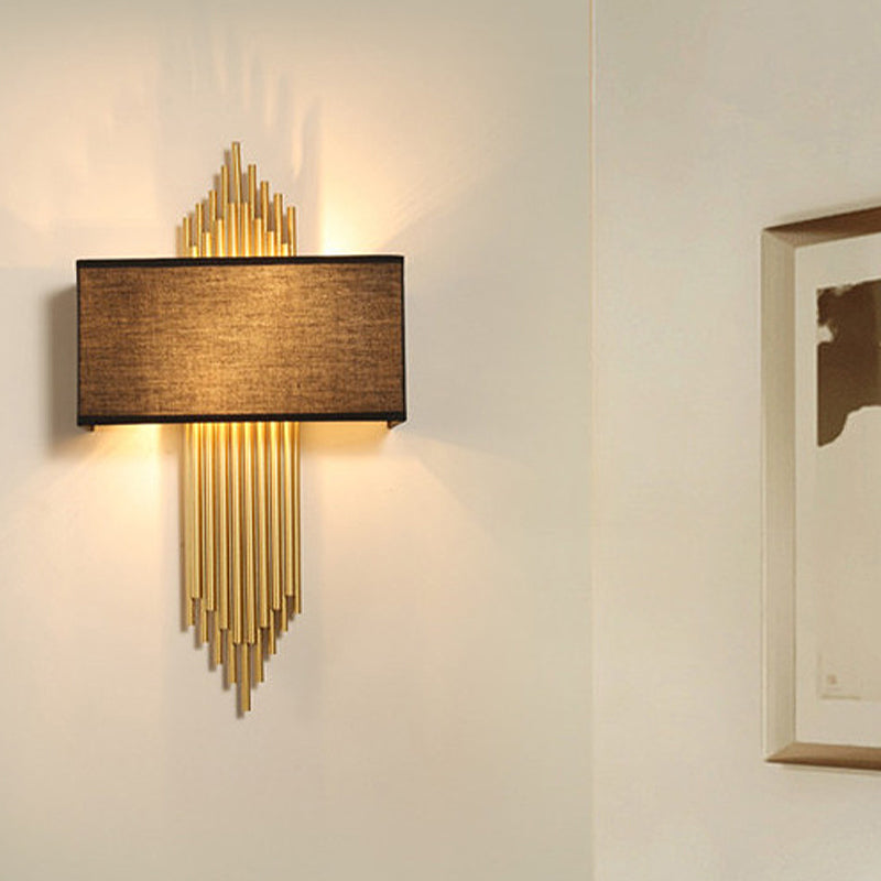 Modern Rectangle Wall Light 2 Heads Fabric Shade Wall Sconce in Black/White/Flaxen for Living Room, 14"/16" Wide Black Clearhalo 'Wall Lamps & Sconces' 'Wall Lights' Lighting' 231750
