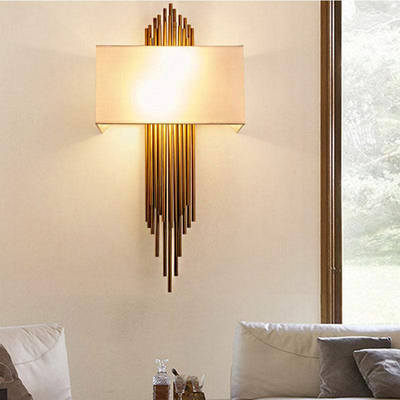 Modern Rectangle Wall Light 2 Heads Fabric Shade Wall Sconce in Black/White/Flaxen for Living Room, 14"/16" Wide Flaxen Clearhalo 'Wall Lamps & Sconces' 'Wall Lights' Lighting' 231754
