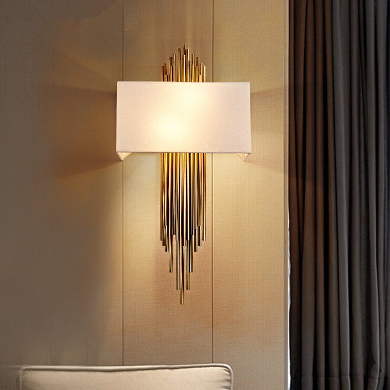 Modern Rectangle Wall Light 2 Heads Fabric Shade Wall Sconce in Black/White/Flaxen for Living Room, 14"/16" Wide White Clearhalo 'Wall Lamps & Sconces' 'Wall Lights' Lighting' 231759
