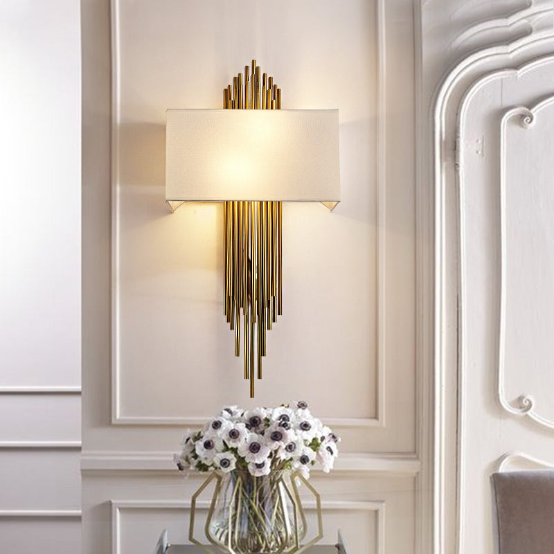 Modern Rectangle Wall Light 2 Heads Fabric Shade Wall Sconce in Black/White/Flaxen for Living Room, 14"/16" Wide Clearhalo 'Wall Lamps & Sconces' 'Wall Lights' Lighting' 231760