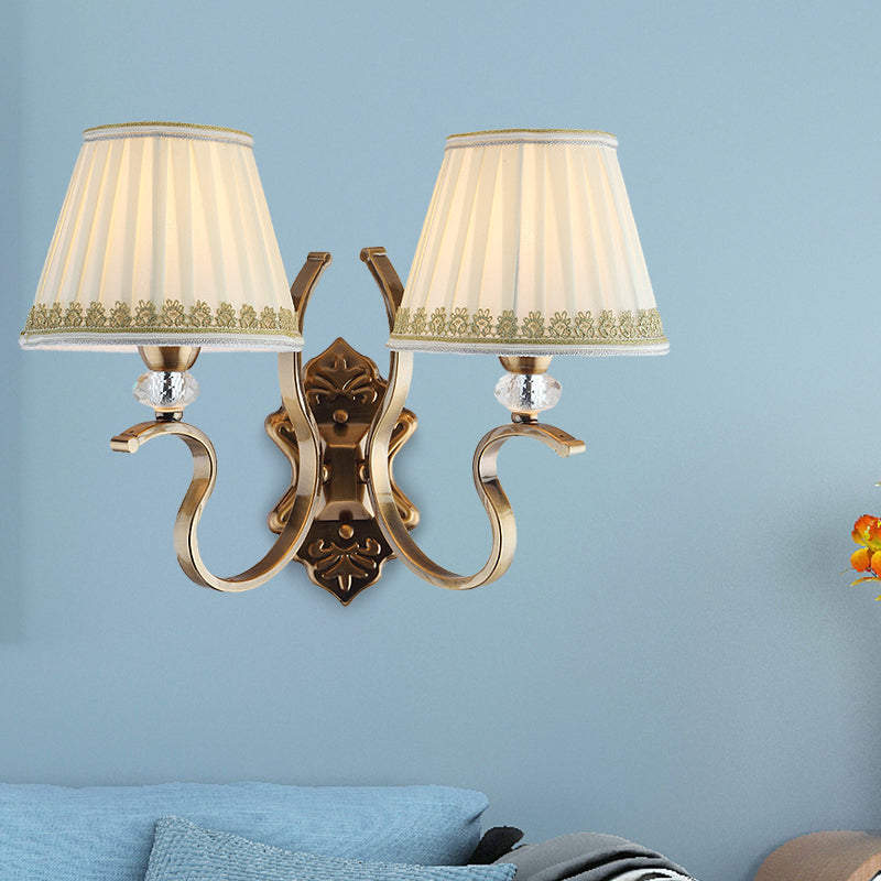 Gold Pleated Shade Wall Sconce Traditional Fabric 1/2-Bulb Living Room Wall Mounted Light with Crystal Accent 2.0 Gold Clearhalo 'Wall Lamps & Sconces' 'Wall Lights' Lighting' 231769