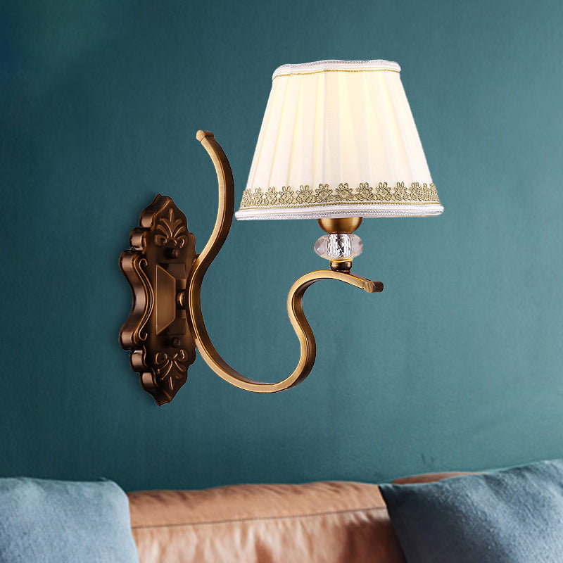 Gold Pleated Shade Wall Sconce Traditional Fabric 1/2-Bulb Living Room Wall Mounted Light with Crystal Accent 1.0 Gold Clearhalo 'Wall Lamps & Sconces' 'Wall Lights' Lighting' 231773