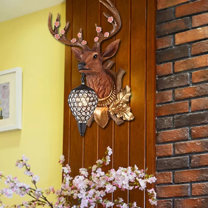 1 Light Elk Vanity Lamp Country Brown/White Resin Sconce Light for Bathroom with Teardrop Crystal Shade Brown Clearhalo 'Wall Lamps & Sconces' 'Wall Lights' Lighting' 232161