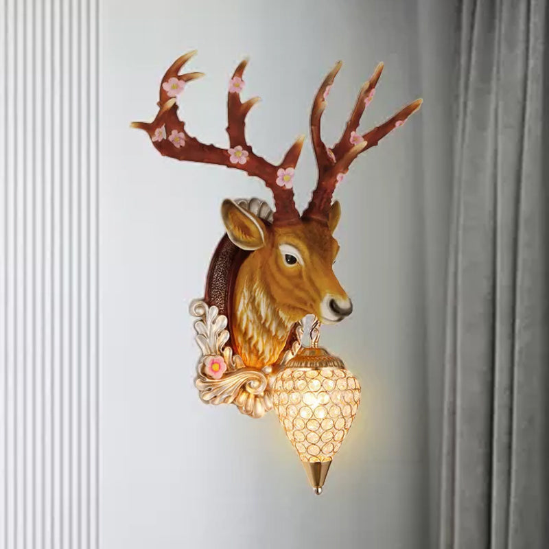 Crystal White/Brown Vanity Lamp Teardrop 12.5���/24.5��� W 1-Light Vintage Wall Mounted Lighting for Bathroom with Deer Backplate Brown 12.5" Clearhalo 'Wall Lamps & Sconces' 'Wall Lights' Lighting' 232213