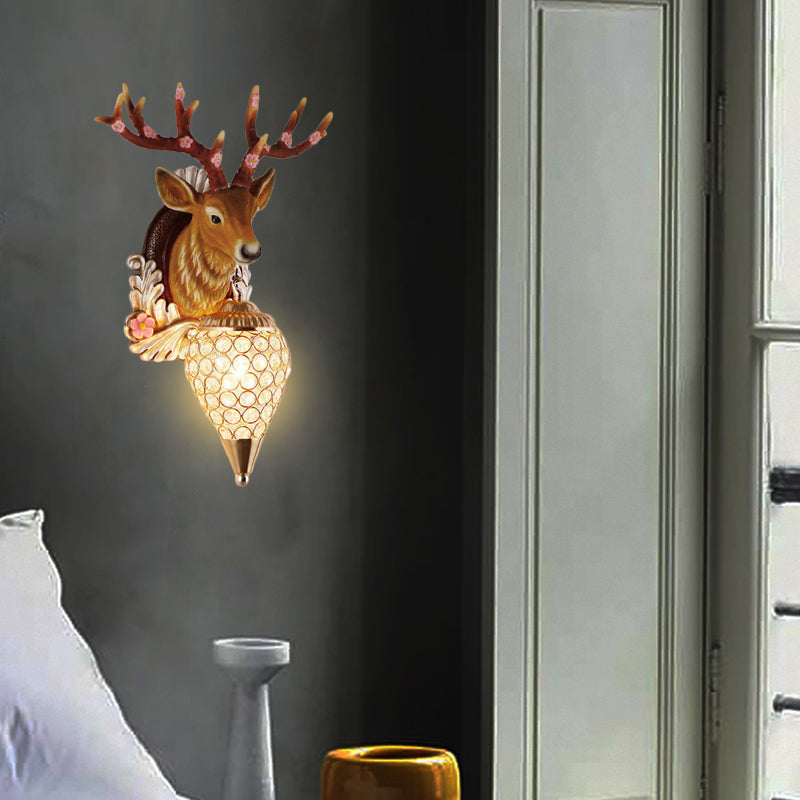 Crystal White/Brown Vanity Lamp Teardrop 12.5���/24.5��� W 1-Light Vintage Wall Mounted Lighting for Bathroom with Deer Backplate Clearhalo 'Wall Lamps & Sconces' 'Wall Lights' Lighting' 232216