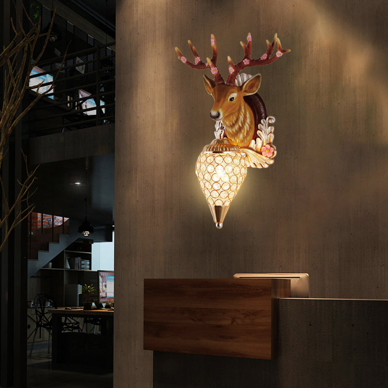 Crystal White/Brown Vanity Lamp Teardrop 12.5���/24.5��� W 1-Light Vintage Wall Mounted Lighting for Bathroom with Deer Backplate Brown 24.5" Clearhalo 'Wall Lamps & Sconces' 'Wall Lights' Lighting' 232217
