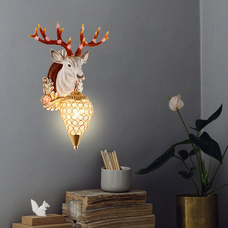 Crystal White/Brown Vanity Lamp Teardrop 12.5���/24.5��� W 1-Light Vintage Wall Mounted Lighting for Bathroom with Deer Backplate White 24.5" Clearhalo 'Wall Lamps & Sconces' 'Wall Lights' Lighting' 232219