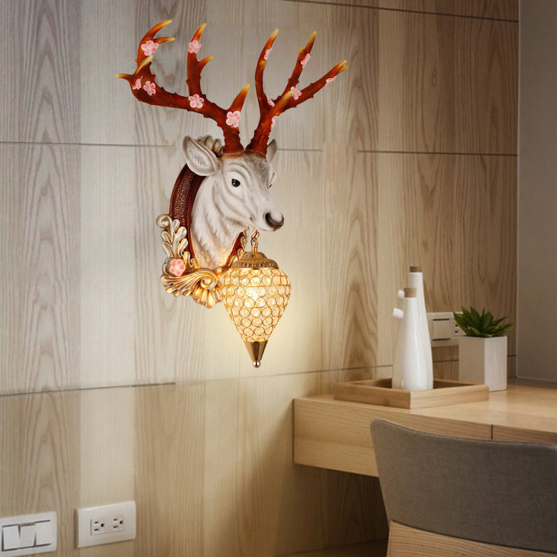 Crystal White/Brown Vanity Lamp Teardrop 12.5���/24.5��� W 1-Light Vintage Wall Mounted Lighting for Bathroom with Deer Backplate White 12.5" Clearhalo 'Wall Lamps & Sconces' 'Wall Lights' Lighting' 232223