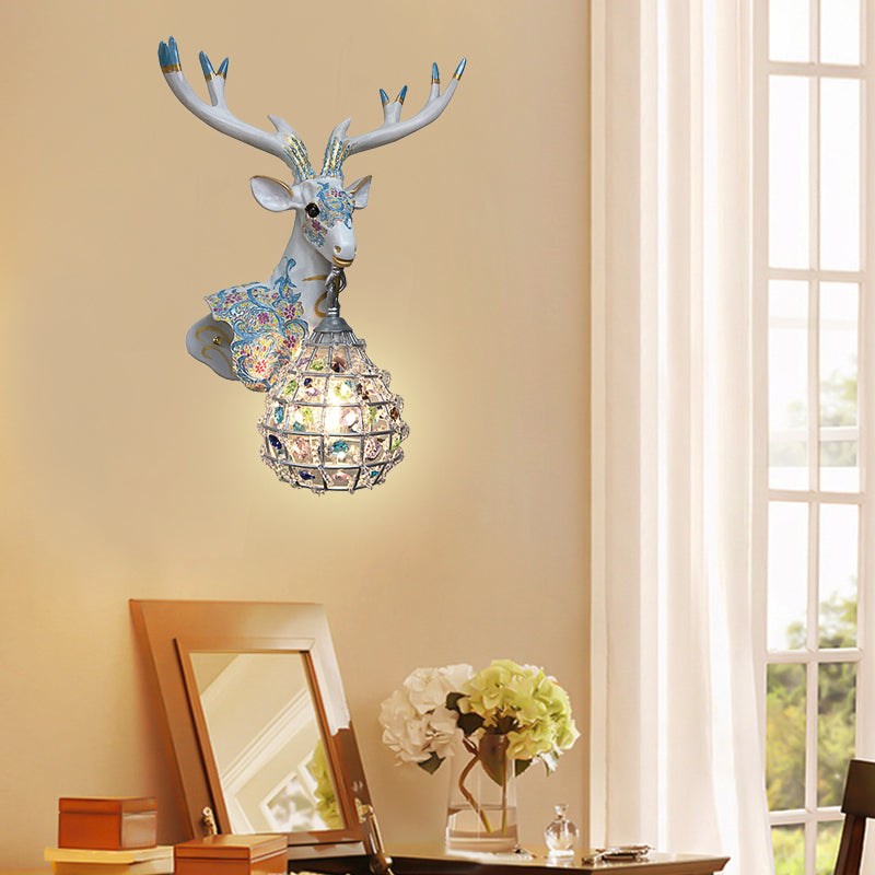 Traditional Deer Sconce 1 Light Resin Wall Mount Lighting in Black/Pink/Yellow for Bedroom with Droplet Crystal Shade, Right/Left White Left Clearhalo 'Wall Lamps & Sconces' 'Wall Lights' Lighting' 232320