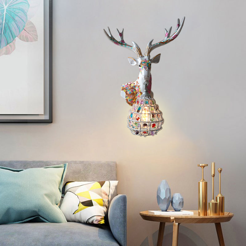 Traditional Deer Sconce 1 Light Resin Wall Mount Lighting in Black/Pink/Yellow for Bedroom with Droplet Crystal Shade, Right/Left Pink Left Clearhalo 'Wall Lamps & Sconces' 'Wall Lights' Lighting' 232327
