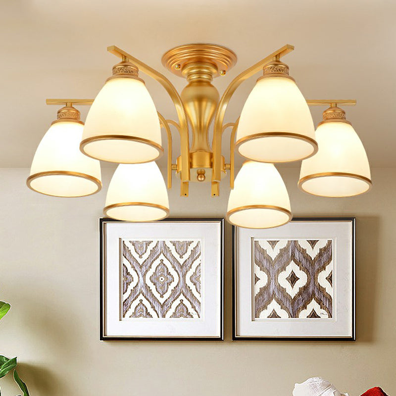 Gold Finish Bell Semi Flush Chandelier Traditional Opal Glass Bedroom Ceiling Mounted Light Clearhalo 'Ceiling Lights' 'Close To Ceiling Lights' 'Close to ceiling' 'Semi-flushmount' Lighting' 2323347