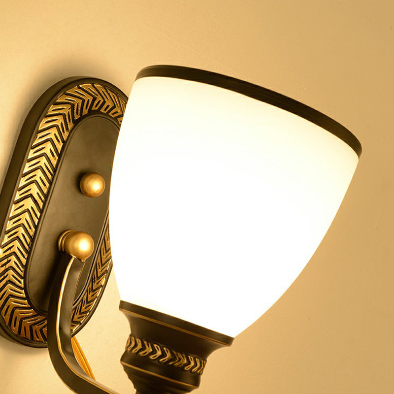 Vintage Bell Wall Sconce Lighting Opal Glass Wall Mounted Lamp in Black for Corridor Clearhalo 'Wall Lamps & Sconces' 'Wall Lights' Lighting' 2323437