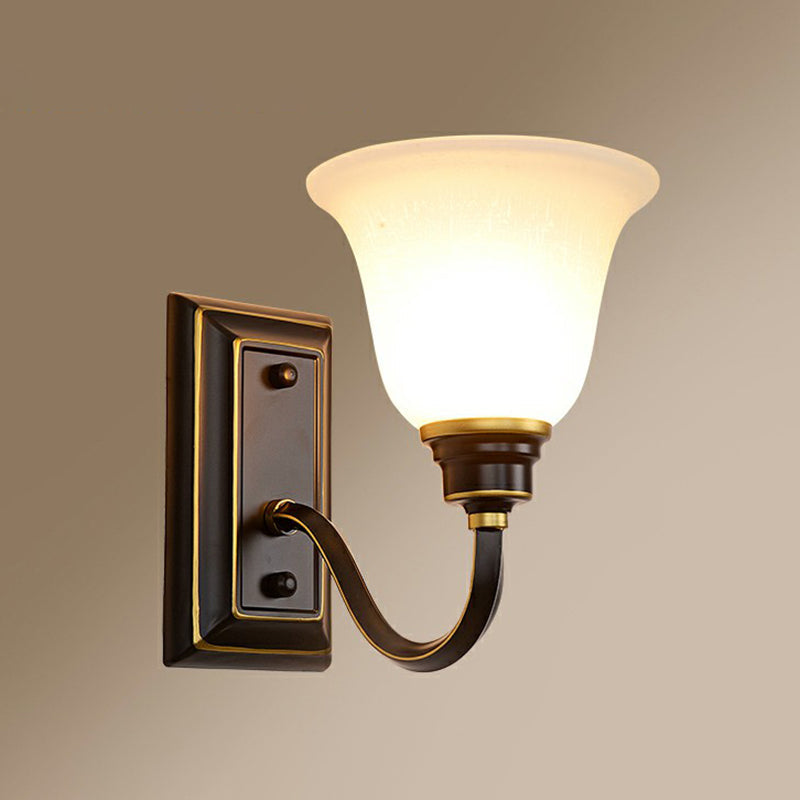 Flared Foyer Wall Lamp Antique Milky Glass 1-Bulb Wall Mounted Light with Curved Arm Black Clearhalo 'Wall Lamps & Sconces' 'Wall Lights' Lighting' 2323443