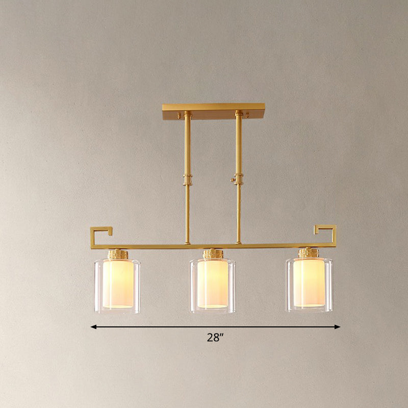 Brass 3-Light Island Lamp Traditional Clear and Frosted Glass Cylindrical Suspension Light Clearhalo 'Ceiling Lights' 'Island Lights' Lighting' 2323475