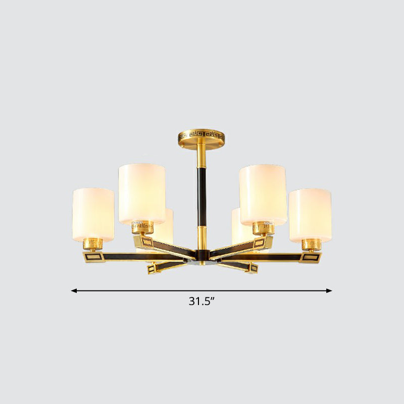 Satin Opal Glass Cylinder Ceiling Light Antique Living Room Chandelier in Black and Brass 6 Black Clearhalo 'Ceiling Lights' 'Chandeliers' Lighting' options 2323567_2d893702-cf54-4466-8951-eee18da05af5