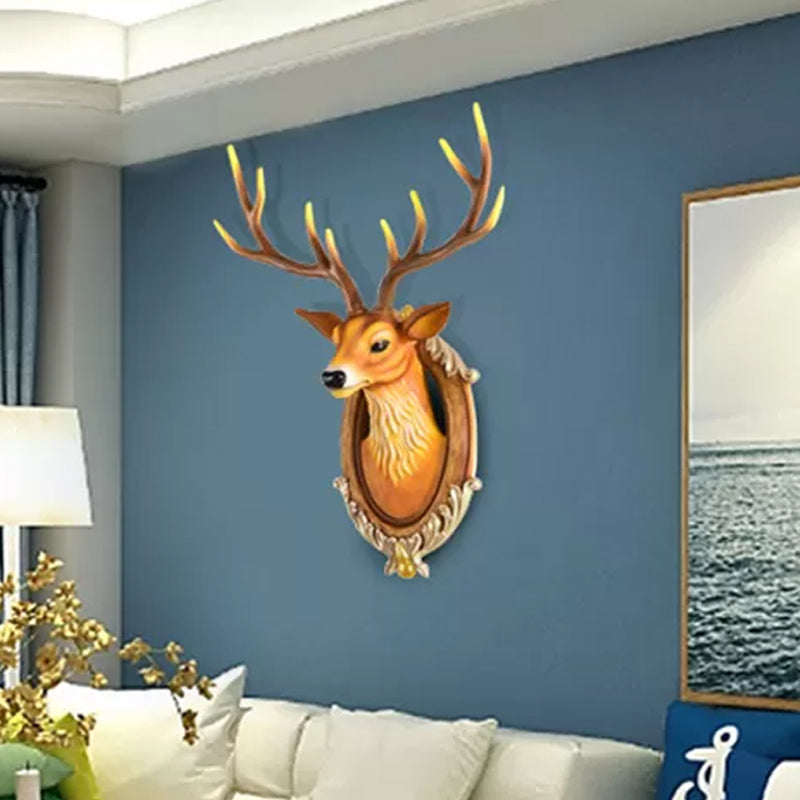 Resin Deer Head Sconce Light Country 16���/18.5��� W LED Living Room Wall Mounted Lamp in Black/White/Wood Wood Clearhalo 'Wall Lamps & Sconces' 'Wall Lights' Lighting' 232456