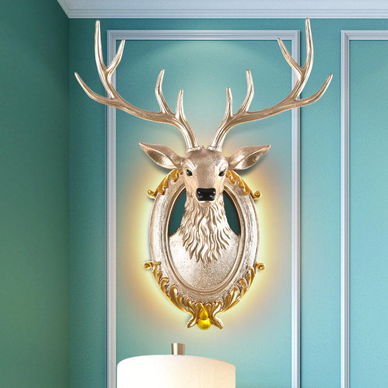 Resin Deer Head Sconce Light Country 16���/18.5��� W LED Living Room Wall Mounted Lamp in Black/White/Wood Silver Clearhalo 'Wall Lamps & Sconces' 'Wall Lights' Lighting' 232461