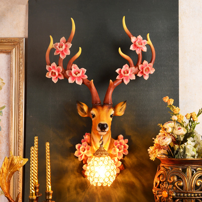 1 Light Resin Wall Lighting Country Red/Yellow Orb Indoor Sconce Light Fixture with Crystal Shade Red Clearhalo 'Wall Lamps & Sconces' 'Wall Lights' Lighting' 232548