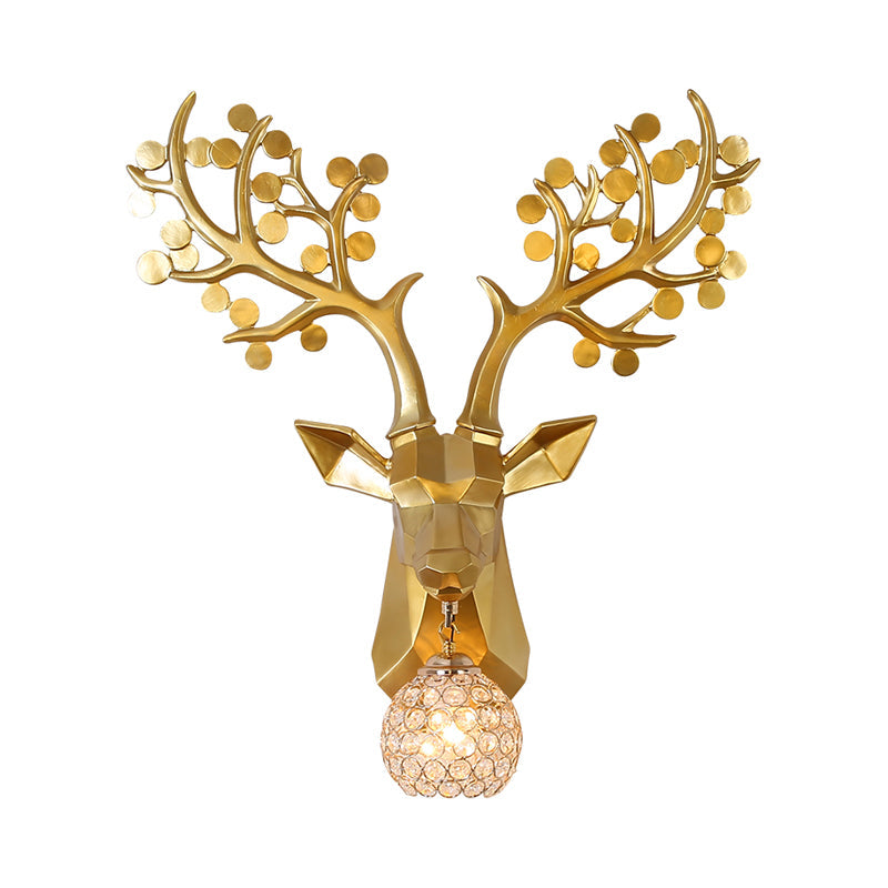 Orb Bedroom Wall Lamp Country Crystal 1 Light White/Gold Sconce Light Fixture with Elk Resin Backplate Clearhalo 'Wall Lamps & Sconces' 'Wall Lights' Lighting' 232570