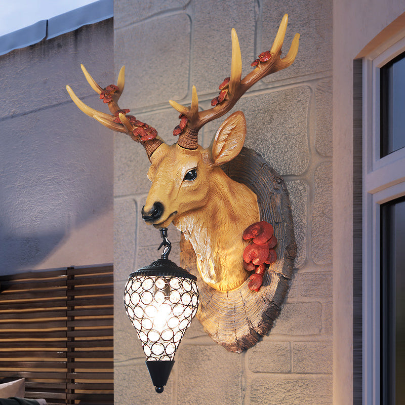 Rustic Teardrop Sconce Lamp 1 Bulb Crystal Wall Mounted Light in Grey/Brown with Resin Deer Deco Clearhalo 'Wall Lamps & Sconces' 'Wall Lights' Lighting' 232631