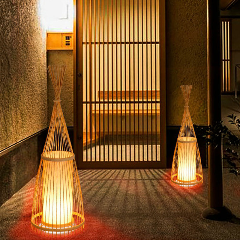 Bamboo Tapered Floor Light South-East Asia Single Stand Up Lamp with Cylindrical Shade Inside Clearhalo 'Floor Lamps' 'Lamps' Lighting' 2326395