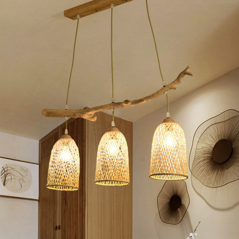3-Bulb Restaurant Island Lamp Lodge Style Wood Pendant Light with Bell Bamboo Shade Clearhalo 'Ceiling Lights' 'Island Lights' Lighting' 2326402
