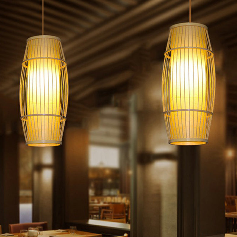 Cage Shade Suspension Lighting Modern Bamboo 1 Bulb Wood Pendant Light for Balcony Clearhalo 'Ceiling Lights' 'Modern Pendants' 'Modern' 'Pendant Lights' 'Pendants' Lighting' 2326516