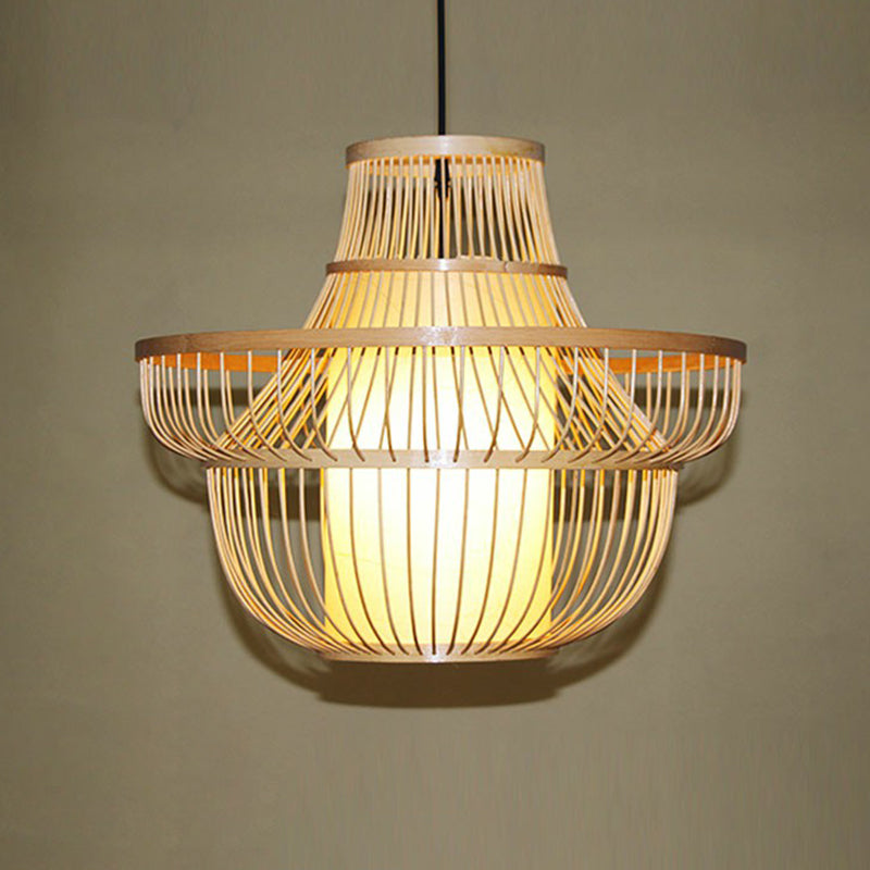 Cage Shade Suspension Lighting Modern Bamboo 1 Bulb Wood Pendant Light for Balcony Clearhalo 'Ceiling Lights' 'Modern Pendants' 'Modern' 'Pendant Lights' 'Pendants' Lighting' 2326521