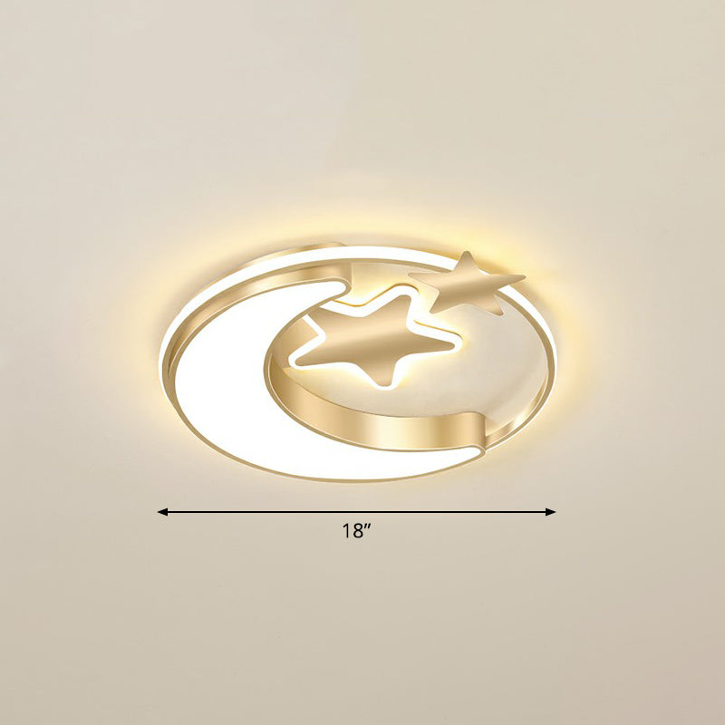 Kids Crescent and Star Ceiling Light Fixture Metal Bedroom Flush Mount Lamp with Ring Gold 18" Warm Clearhalo 'Ceiling Lights' 'Close To Ceiling Lights' 'Close to ceiling' 'Flush mount' Lighting' 2326966
