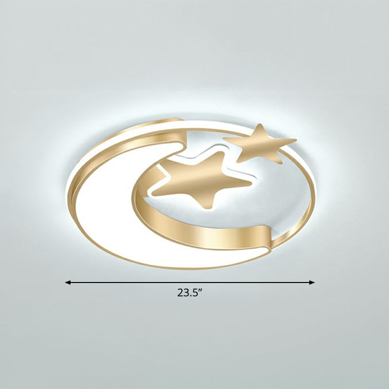 Kids Crescent and Star Ceiling Light Fixture Metal Bedroom Flush Mount Lamp with Ring Gold 23.5" White Clearhalo 'Ceiling Lights' 'Close To Ceiling Lights' 'Close to ceiling' 'Flush mount' Lighting' 2326975