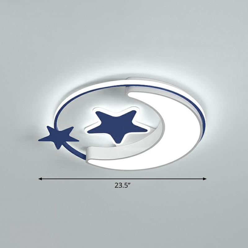 Kids Crescent and Star Ceiling Light Fixture Metal Bedroom Flush Mount Lamp with Ring Blue 23.5" White Clearhalo 'Ceiling Lights' 'Close To Ceiling Lights' 'Close to ceiling' 'Flush mount' Lighting' 2326981
