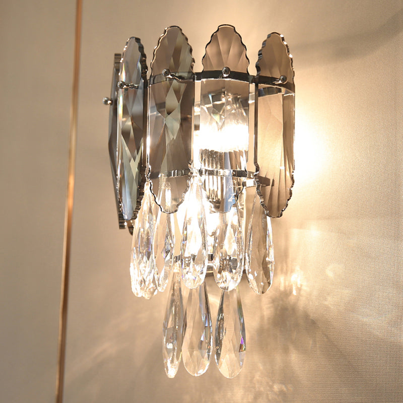 Layered Wall Lighting Fixture Modern K9 Crystal Droplet 2 Heads Foyer Sconce Light Clearhalo 'Cast Iron' 'Glass' 'Industrial' 'Modern wall lights' 'Modern' 'Tiffany' 'Traditional wall lights' 'Wall Lamps & Sconces' 'Wall Lights' Lighting' 2327321
