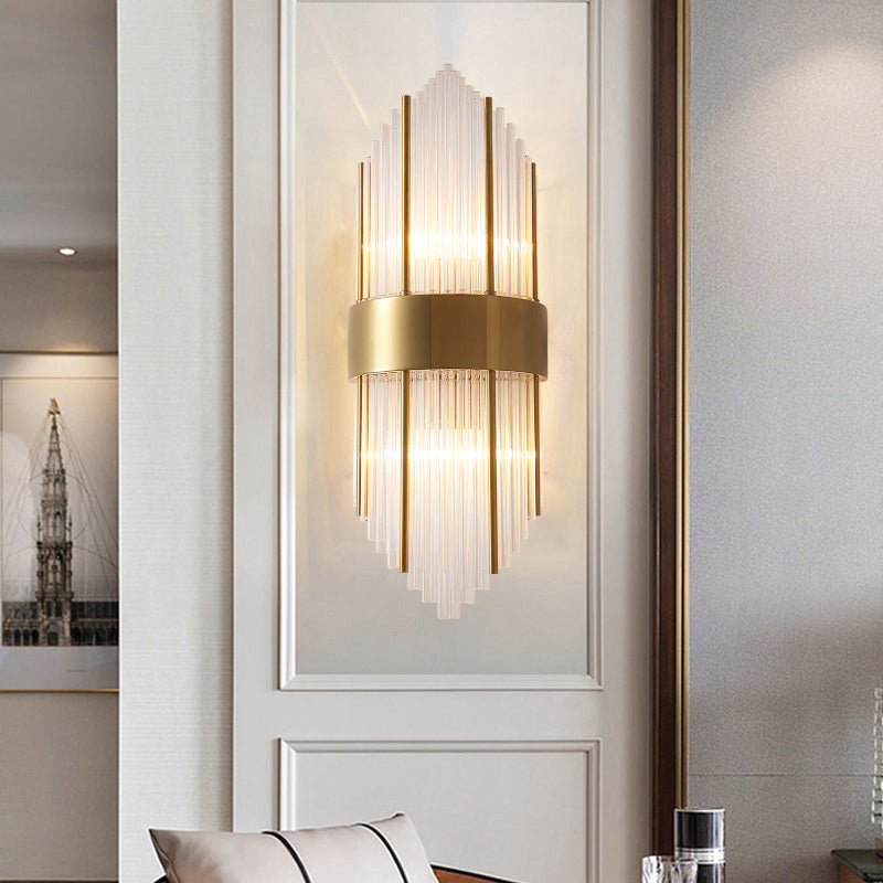 Gold Rhombus Shaped Wall Lamp Fixture Simplicity 2-Light Glass Rod Sconce Lighting Clearhalo 'Cast Iron' 'Glass' 'Industrial' 'Modern wall lights' 'Modern' 'Tiffany' 'Traditional wall lights' 'Wall Lamps & Sconces' 'Wall Lights' Lighting' 2327342