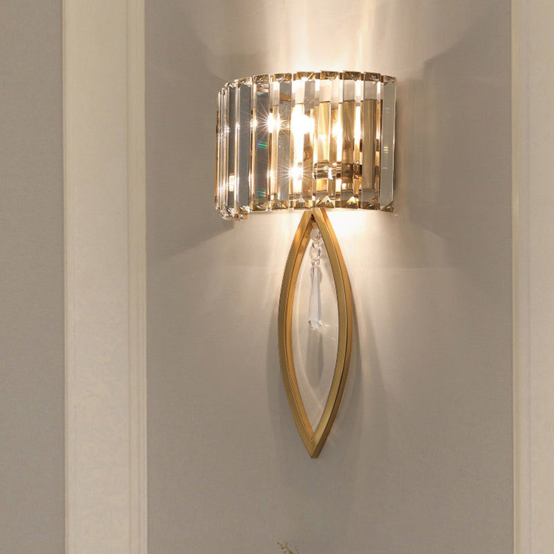 Arc Prismatic Crystal Sconce Light Modern 2-Bulb Gold Flush Mount Wall Light for Aisle Clearhalo 'Cast Iron' 'Glass' 'Industrial' 'Modern wall lights' 'Modern' 'Tiffany' 'Traditional wall lights' 'Wall Lamps & Sconces' 'Wall Lights' Lighting' 2327353
