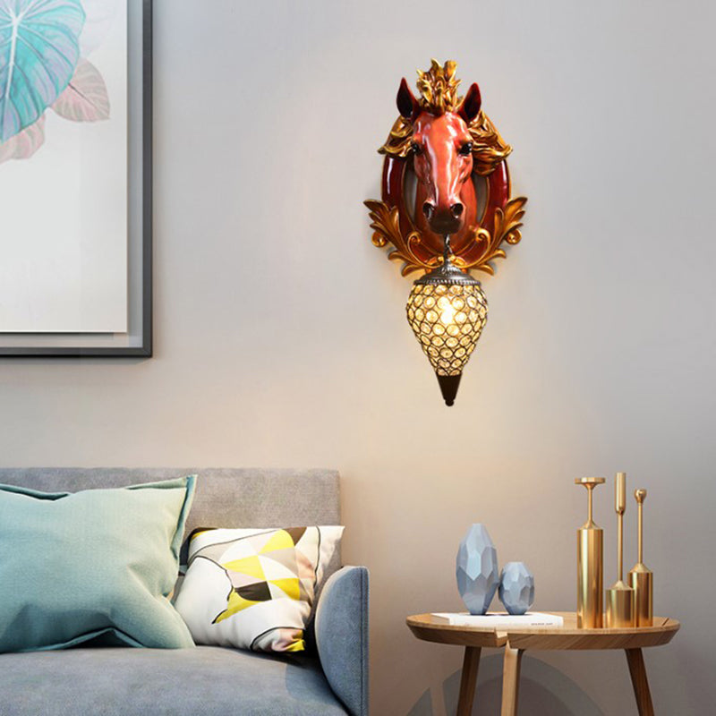 White/Red 1 Light Sconce Light Vintage Resin Horse Wall Lamp with Droplet Crystal Shade for Indoor, 9.5"/12" W Clearhalo 'Wall Lamps & Sconces' 'Wall Lights' Lighting' 232755