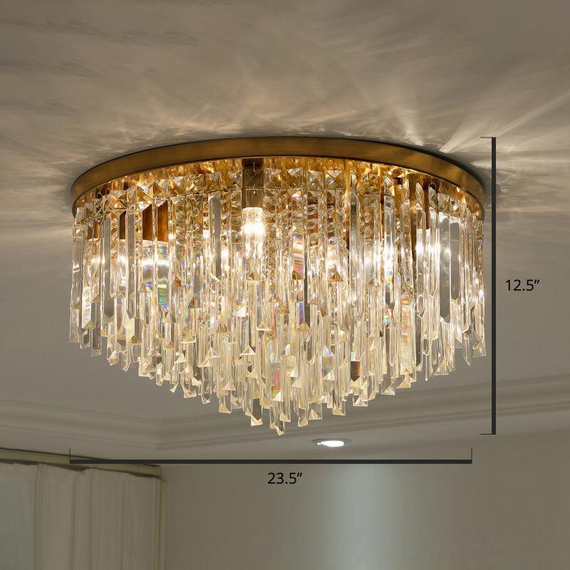 Round Ceiling Light Fixture Modern K9 Crystal Stick Bedroom Flush Mount Lighting Brass 23.5" Clearhalo 'Ceiling Lights' 'Close To Ceiling Lights' 'Close to ceiling' 'Flush mount' Lighting' 2327566