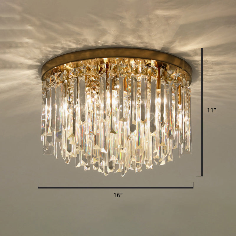 Round Ceiling Light Fixture Modern K9 Crystal Stick Bedroom Flush Mount Lighting Brass 16" Clearhalo 'Ceiling Lights' 'Close To Ceiling Lights' 'Close to ceiling' 'Flush mount' Lighting' 2327568