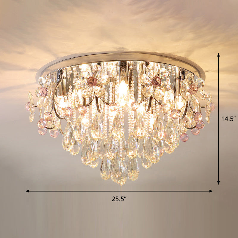 Crystal Teardrops Ceiling Mount Light Modern Chrome Finish Flush Light Fixture for Bedroom Chrome 25.5" Clearhalo 'Ceiling Lights' 'Close To Ceiling Lights' 'Close to ceiling' 'Flush mount' Lighting' 2327571
