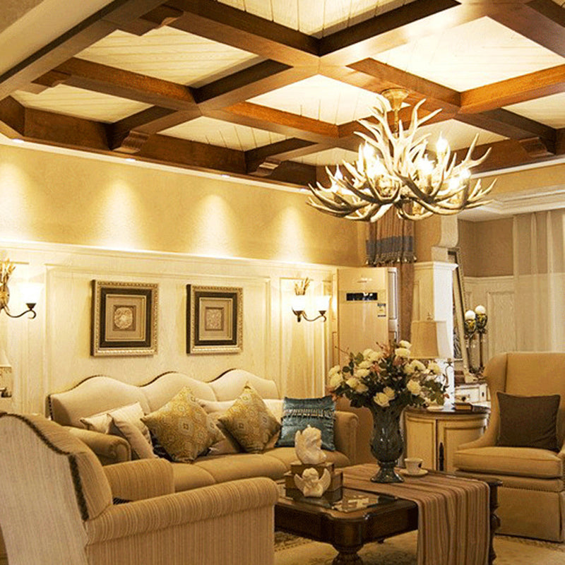 Village Candelabra Hanging Pendant 12 Lights Resin Ceiling Chandelier with Antler in Brown for Living Room Brown Clearhalo 'Ceiling Lights' 'Chandeliers' Lighting' options 232984_43d7fa3a-1eda-440d-8b8f-f195659954b0