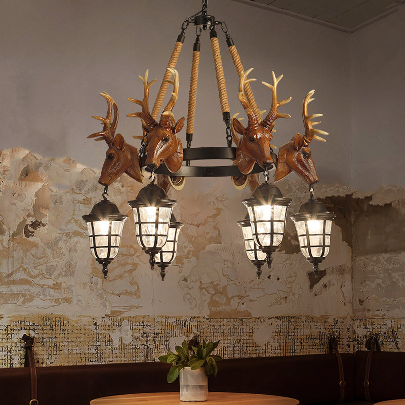 Traditional Wagon Wheel Hanging Lamp 6 Bulbs Resin Chandelier Light Fixture with Deer Head in Brown Clearhalo 'Ceiling Lights' 'Chandeliers' Lighting' options 233008